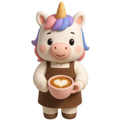 Naklejka premium Cute Unicorn Character Holding a Coffee Cup with Heart Design on Top
