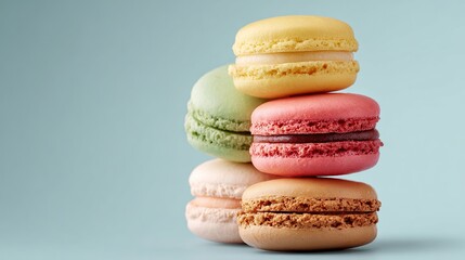 Stack of colorful macarons on a soft, pastel blue background, close-up dessert photo