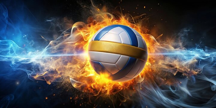 Fiery Volleyball Soaring Through a Trail of Icy Blue and Orange Flames, a Dynamic Sports Image