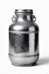 Metal milk can,  smooth,  reflective surface,  vintage style,  handles,  lid