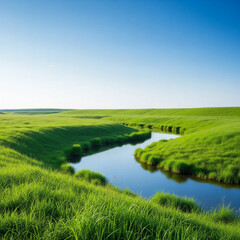 A serene landscape featuring a winding river flowing through lush green fields under a clear blue sky.