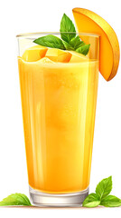 Refreshing Mango Smoothie with Mango Slice and Mint Leaves on White Background