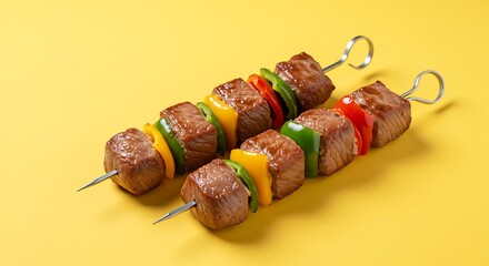 Two Grilled Beef and Bell Pepper Skewers on Yellow Background