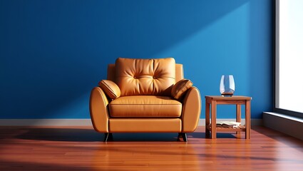 Comfortable brown leather armchair next to a small wooden side table with a vase