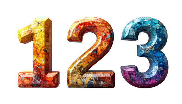 Colorful three-dimensional numbers on a white background set as an alphabet and math illustration design 1,2,3.