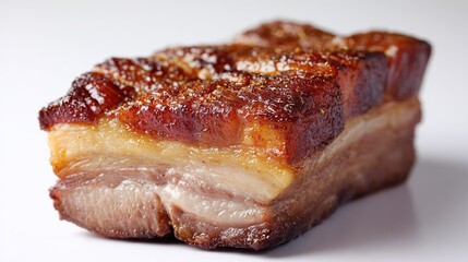Close-up of a piece of cooked pork belly, seasoned and browned, on a white surface
