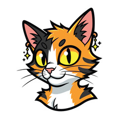 Fototapeta premium Whiskered Wonder: An artistically crafted, captivating cartoon depiction of a calico cat, adorned with delicate earrings, exhibiting a friendly demeanor.