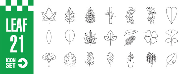 Leaf icon set collection of 21 different leaf and plant related icons in outline style vector illustration of maple, oak, pine, ginkgo and monstera leaves