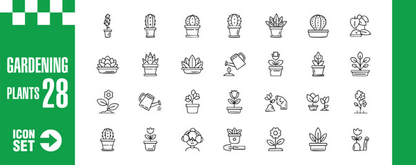 A set of gardening plants icons, featuring various potted plants, flowers, and gardening tools, perfect for botanical and horticultural designs