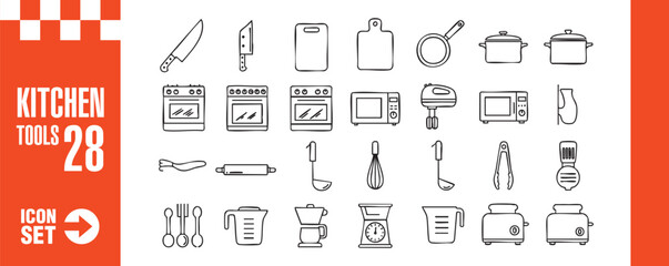 A set of kitchen tools icons, featuring various utensils and appliances for cooking and baking, perfect for culinarythemed designs and illustrations