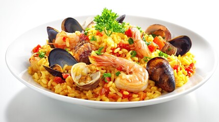Paella-like dish with seafood and yellow rice on a white plate, close-up studio shot