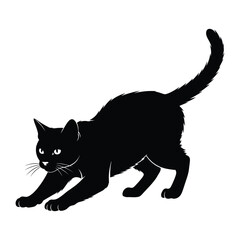 Black Cat in Silhouette: This image presents a sleek, black cat in silhouette, captured in a dynamic pose. The feline is depicted with its body arched, as if stretching or preparing to pounce.