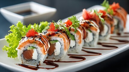 Elegant salmon sushi rolls plated with sauce and garnish, soy sauce dish behind