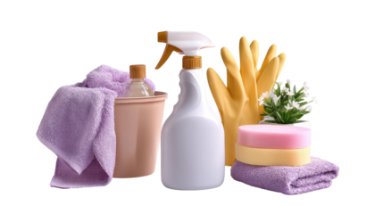 Cleaning supplies towels, spray bottle, gloves, bucket, sponges