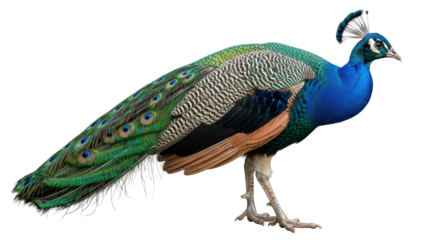 Isolated Peacock with Beautiful Plumage and Vibrant Colors in Full Body Shot Standing Alertly