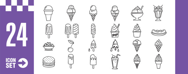 A delightful collection of 24 ice cream icons, , featuring various treats like cones, sundaes, and popsicles, perfect for summer designs and dessert menus