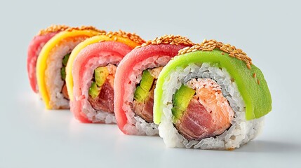 Colorful sushi rolls with avocado, fish, rice, and sesame seeds on white