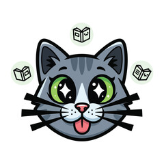 Fototapeta premium Cat Reading: A charming cartoon cat with a playful expression, surrounded by floating books, symbolizing the joy of learning and reading.