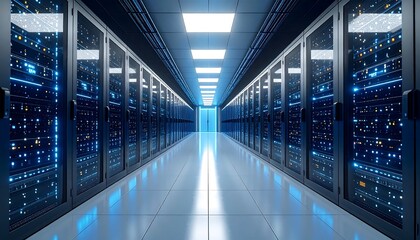 Server room interior, modern, futuristic