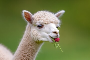 Fototapeta premium Close-up of a white alpaca eating grass with flowers in a green field