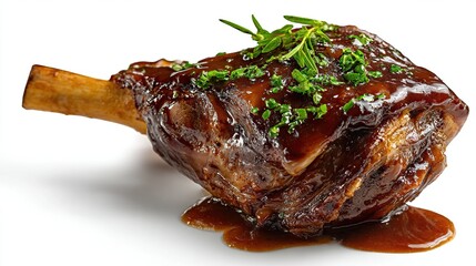 Roasted meat shank with bone sticking out, covered with rich, dark gravy and herbs