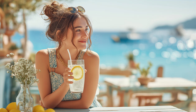 Young woman enjoying lemonade at beachside cafe in summer