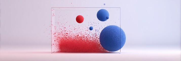 Abstract display of red and blue spheres within a transparent box
