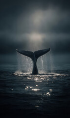 Fototapeta premium A dramatic image of a whale's tail (fluke) emerging from the ocean, water streaming off it into the sea. The scene is captured in low light, with the sunlight breaking through the misty sky, creating 