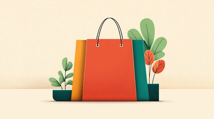 A stylized illustration of a large orange shopping bag flanked by smaller teal and yellow bags, accompanied by minimalist potted plants on a light beige background