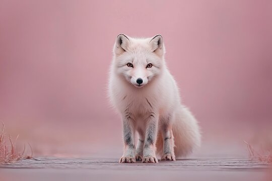 Graceful arctic fox in natural habitat on subtle pink background