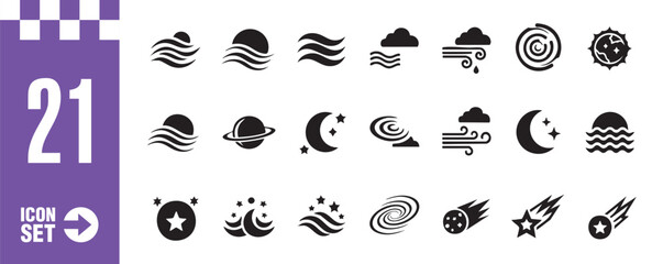 A set of 21 space and weather icons featuring sun, moon, stars, planet, cloud, wind, rain, comet, and galaxy in vector format for astronomy and meteorology