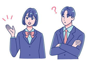 質問と答え、会話する男女の生徒