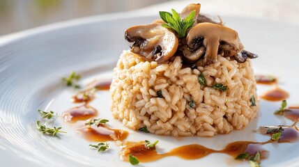 Mushroom risotto stack with herb garnish and sauce drizzled on white plate
