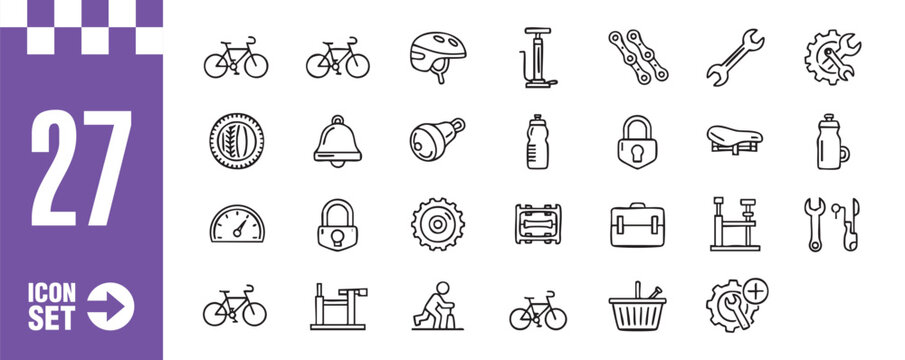 A set of bicycle icons featuring various bike parts and accessories, including bike, helmet, pump, wrench, gear, bell, lock, bottle, basket