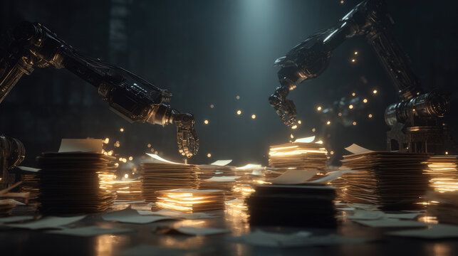 Autonomous Accounting Robotic Arms Managing Stacks of Glowing Business Documents