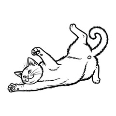 Playful Cat's Delight: A whimsical illustration captures the pure joy of a cat sprawled out in a position of comfort, showcasing the adorable charm of feline life.