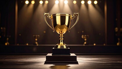 Golden Trophy on Dark Stage with Spotlights