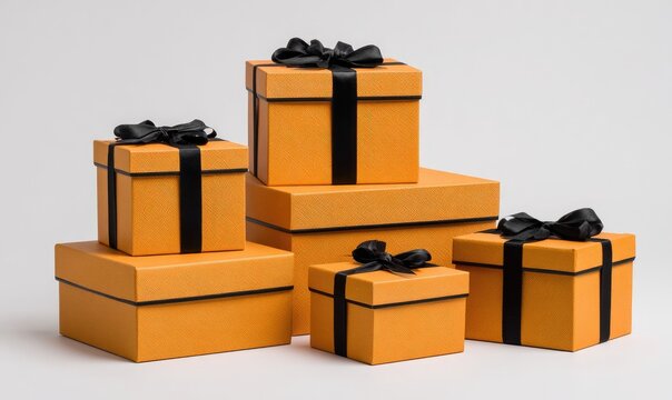 Several stacked, orange gift boxes, adorned with black ribbons and bows