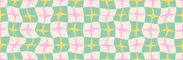 Abstract Y2K-style seamless background with pink and yellow star. A retro green checkerboard pattern with a groovy vibe, perfect for graphic design projects and textures.
