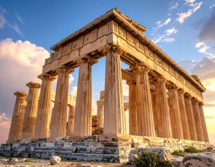 Obraz premium Antique Temple Ruins Under Sunset Light at Cape Sounion Greece