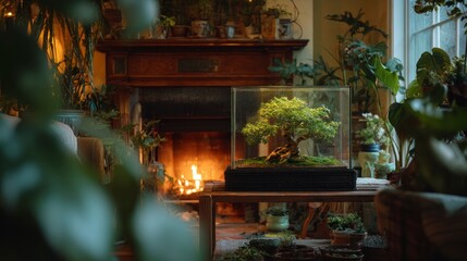 Bonsai tree in living room fireplace setting