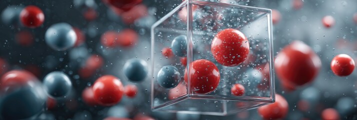 Abstract illustration of atoms or molecules inside a transparent container.  Red and grey spheres move within a box-like structure