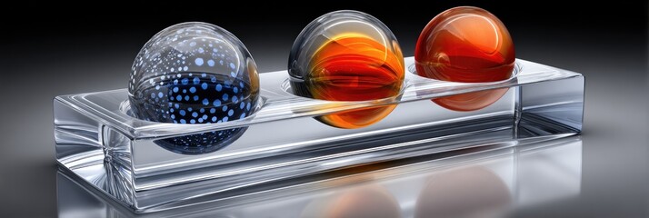 Three colorful glass spheres on a clear glass platform