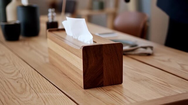 Wooden tissue box on a light brown wooden table
