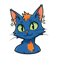 Mystical Cat: A whimsical portrayal of a blue feline, adorned with celestial earrings, showcasing a playful and imaginative design.