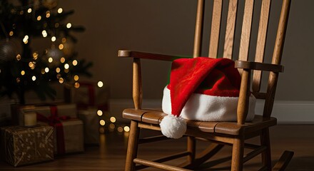 Waiting for christmas magic, santa hat on rocking chair, waiting in cozy home