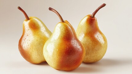 Three ripe pears, a soft beige background, glossy and subtly shaded, with water droplets, displaying a warm yellow and brown gradient