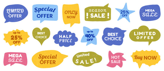 Sale promo label collection. Colorful speech bubbles with discount offers and price tags. Useful for banners and advertising