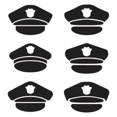 Police Officer Cap Silhouettes Vector Icons, Law Enforcement Uniform Hats Collection