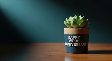 Succulent plant in pot with happy work anniversary inscription